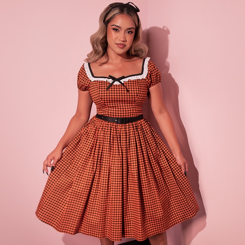 Bardot beauty swing dress in Orange pumpkin gingham